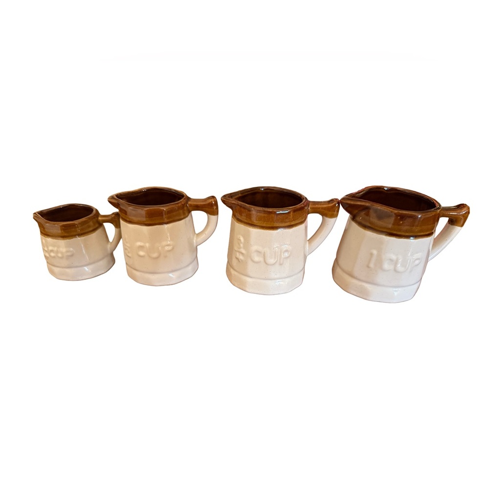 Vintage Stoneware Measuring Pitcher Set - Two-Tone Brown and Cream